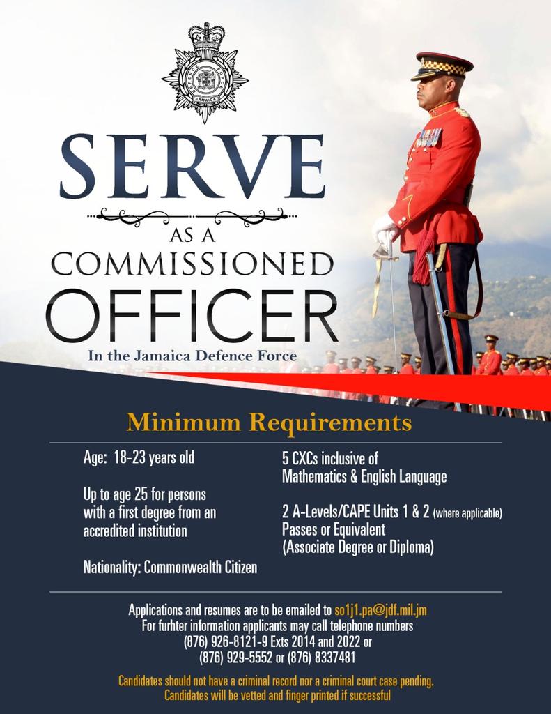 JDFSoldier's tweet photo. Do you have 5 CXC's including Mathematics and English Language?

Do you have 2 A-Levels/CAPE Units 1 &amp; 2?

Are you wondering what is your next move?

Consider joining the JDF as a Commission Officer.

Send your resume and application letter to so1j1.pa@jdf.mil.jm TODAY!!!

#JDF https://t.co/deMjfmqw8G