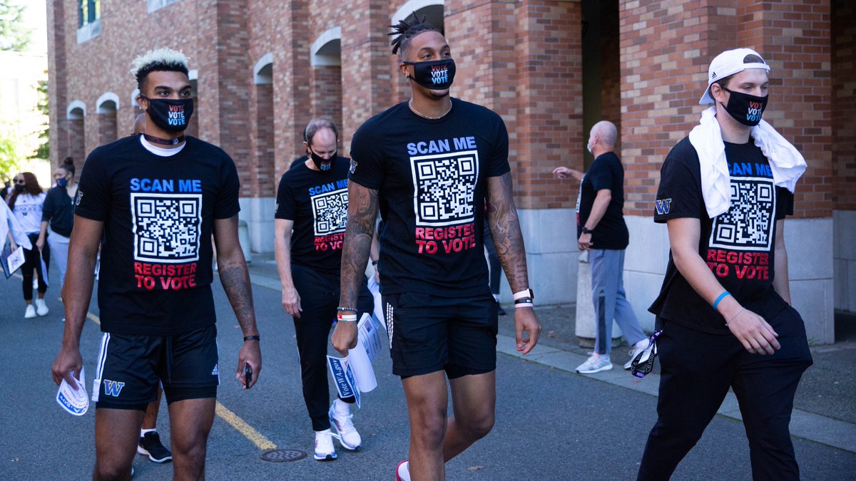 UW_MBB's tweet photo. Today is a great day to make sure you're #VoteReady 

We walked around @UW to connect [safely] with our campus community as we urge fellow Huskies to join us in registering to vote. 

#TougherTogether https://t.co/avbD0LgsKV
