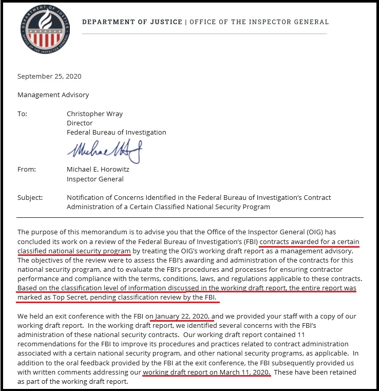 3. The release is titled: “Management Advisory: Notification of Concerns Identified in the Federal Bureau of Investigation’s Contract Administration of a Certain Classified National Security Program”.  https://oig.justice.gov/reports/management-advisory-notification-concerns-identified-federal-bureau-investigations-contract