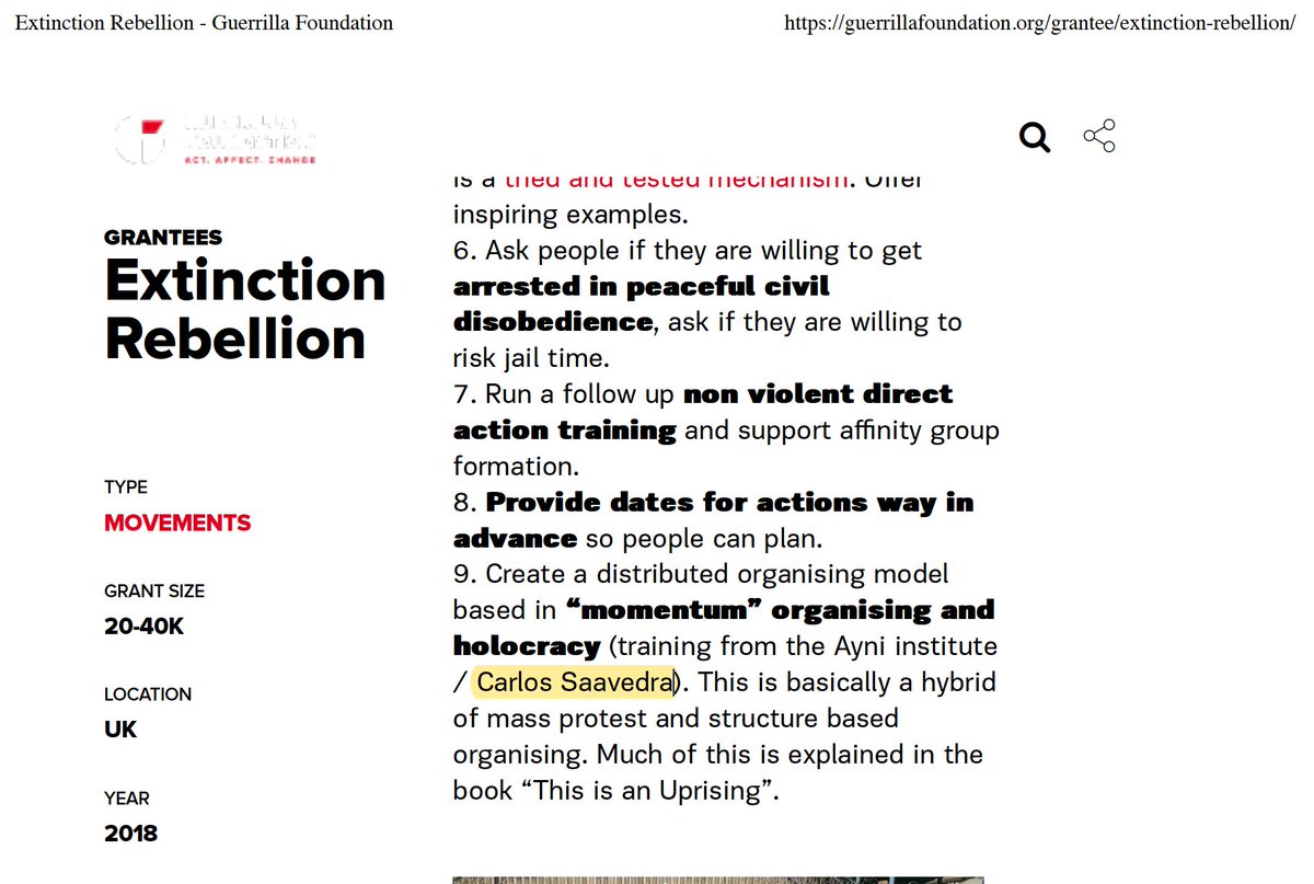And here's an example of world wide protest training - Take Guerrilla Foundation Extinction Rebellion in the UK, they use Momentum aka the Ayni institue for training.Recall Guerrilla Foundation is partnered with S0R0S Open Society Europe.  https://guerrillafoundation.org/grantee/extinction-rebellion
