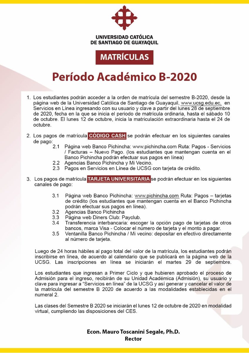 ucatolicagye's tweet photo. 📢#Estudiantes #UCSG:
 𝗠𝗮𝘁𝗿𝗶́𝗰𝘂𝗹𝗮𝘀 𝗽𝗲𝗿𝗶́𝗼𝗱𝗼 𝗮𝗰𝗮𝗱𝗲́𝗺𝗶𝗰𝗼 - 𝗦𝗲𝗺𝗲𝘀𝘁𝗿𝗲 𝗕 𝟮𝟬𝟮𝟬. 
🔎Revise:
𝑪𝒂𝒍𝒆𝒏𝒅𝒂𝒓𝒊𝒐 𝒅𝒆 𝑰𝒏𝒔𝒄𝒓𝒊𝒑𝒄𝒊𝒐𝒏𝒆𝒔 𝒚 𝑯𝒐𝒓𝒂𝒓𝒊𝒐 𝒅𝒆 𝒄𝒍𝒂𝒔𝒆𝒔
https://t.co/3D7CwcDO19
+ Inf.:
📲0968462601
📧info@cu.ucsg.edu.ec https://t.co/T1aKqKCMlz