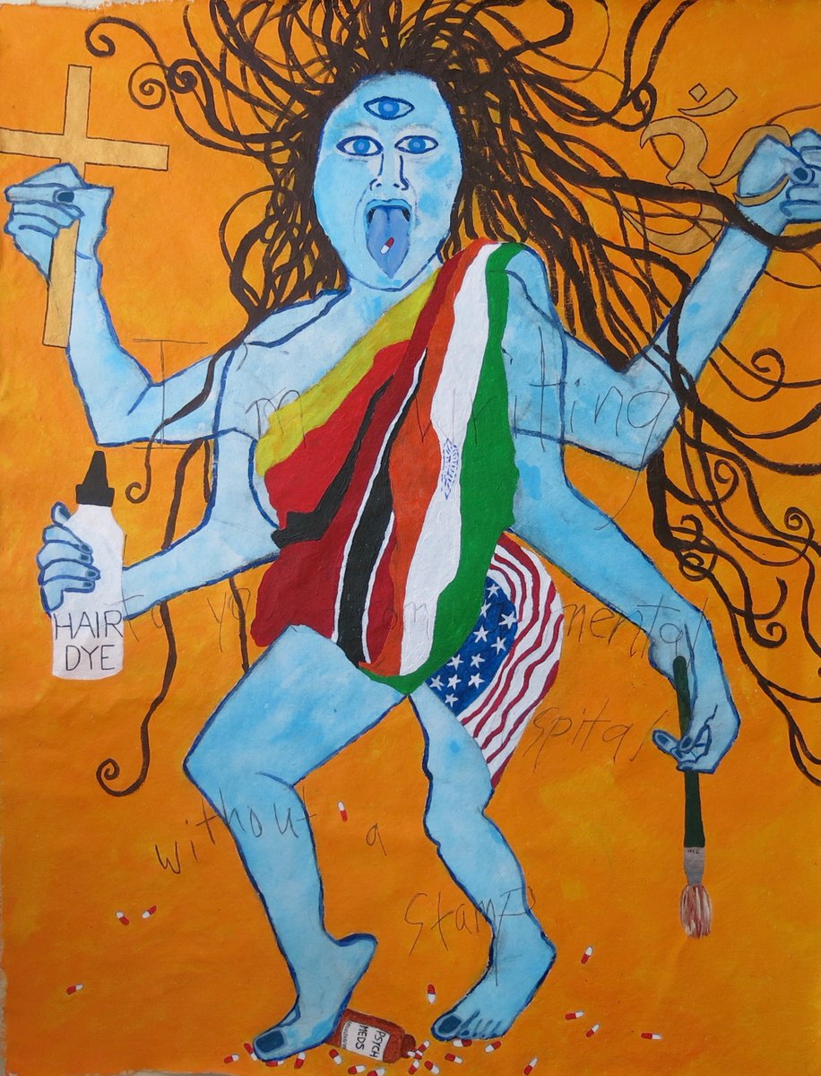 “‘Becoming KALI’...Nods to both sides of my family, the trauma of race, &amp; complicated identity and ancestry...The layers of female sexuality, finding my voice &amp; strength as a mentally ill NYC based female artist is also represented here.” -Susan Spangenberg #letamericabeamerica