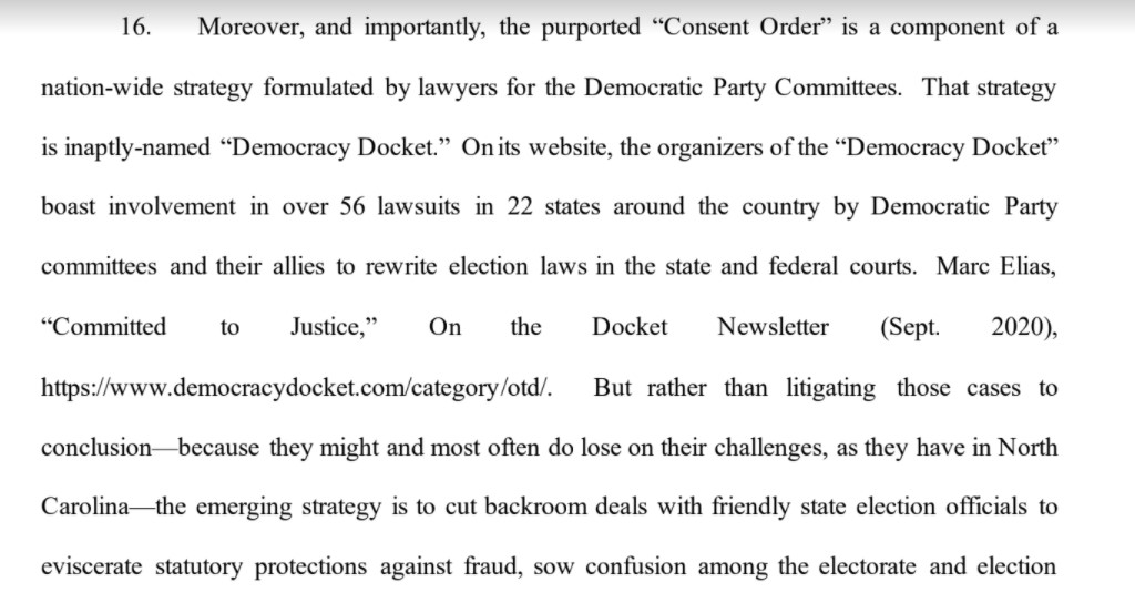 My hope is that at some point the  #NCpol media will take a more skeptical approach to ascertaining the motivations of Democrats in this national campaign to strip away protections meant to safeguard the most vulnerable voting method.From the lawsuit: