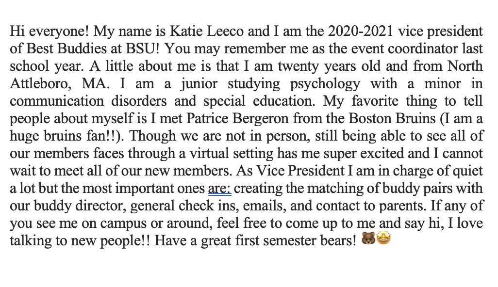 𝔼𝕩𝕖𝕔𝕦𝕥𝕚𝕧𝕖 𝔹𝕠𝕒𝕣𝕕 𝕀𝕟𝕥𝕣𝕠𝕕𝕦𝕔𝕥𝕚𝕠𝕟𝕤
Vice President: Katie Leeco 
•
We want to give a big welcome to Katie! Click on the photos to read more about what she has planned for this upcoming school year!
#bsubb