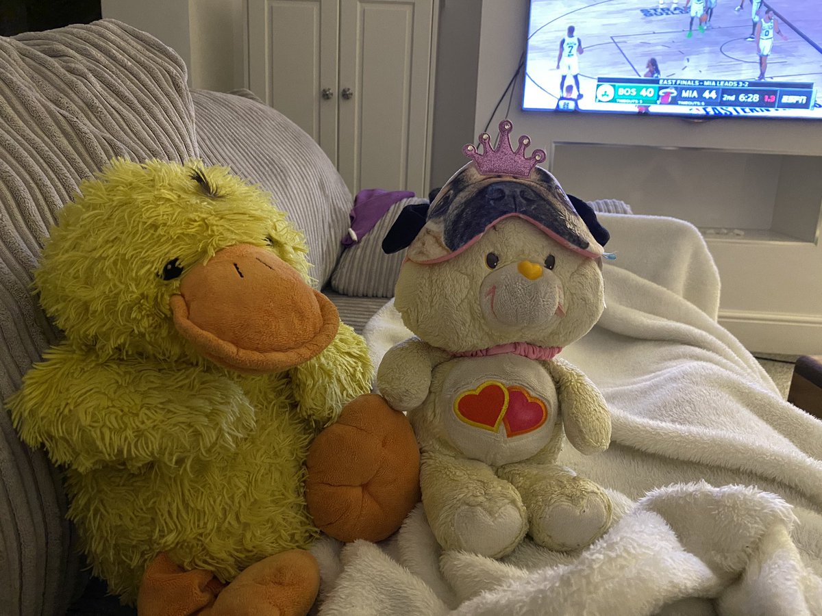 Howard_Flufflet's tweet photo. Me and care bear (wearing my pug nighty) were enjoying watching the #NBAPlayoffs #easternconferencefinals Do you like my little fluff on my head? https://t.co/c6RURld0w3