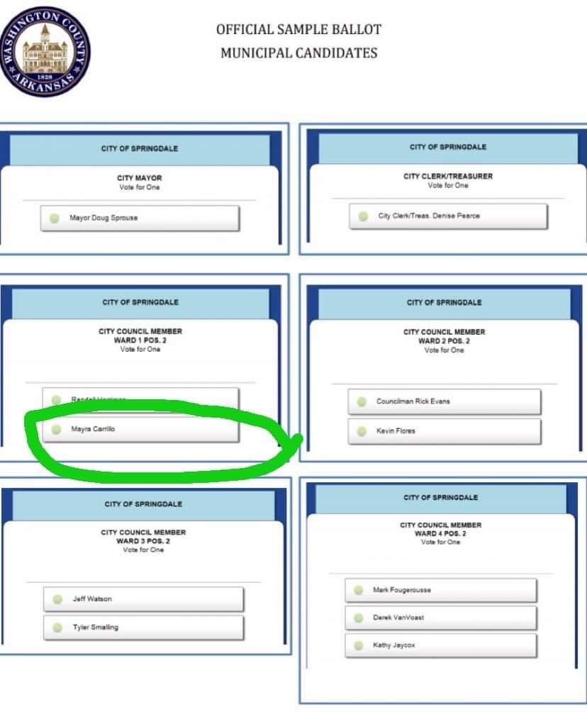 mayraforspring1's tweet photo. This is how the ballot will look like when you go vote this year. There’s my name. Make sure you vote for me!
A si va parecer la boleta cuando salgas a votar este ańo en Springdale. Ayi está mi nombre. Nos encantaría tu voto! 

#Vote4Carrillo https://t.co/lQBorEi7WI