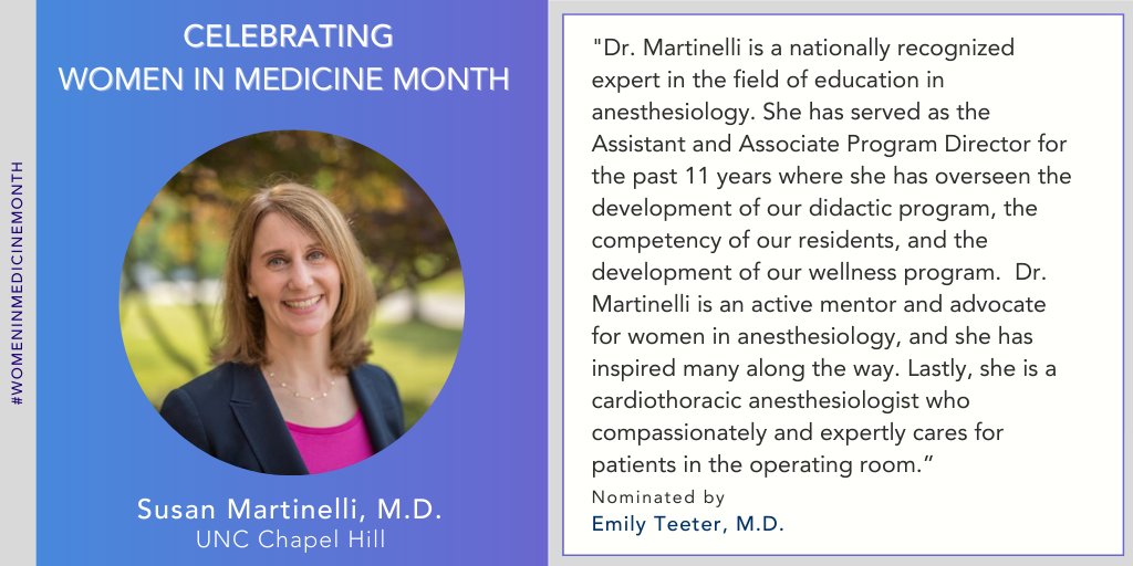 AbaPhysicians's tweet photo. Diplomate Susan Martinelli, M.D., is was honored by @EmilyTeeterMD for being a leader @UNC_Anesthesia who is tirelessly committed to improving the learning process for trainees &amp; has been consistently recognized as a top educator.  #WIMMonth #WomeninAnesthesiology https://t.co/vnRDN03fPj