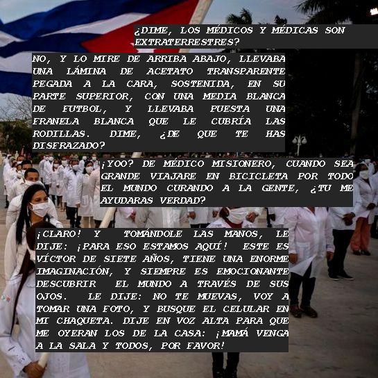 Víctor hermanito de Eugenio esta disfrazado, y necesita aclarar una duda y va al sofá donde esta dormitado Eugenio.  Le pregunta si los médicos y médicas son extraterrestres.  Anuncia que él quiere ser médico misionero cuando sea grande.  Eugenio convoca a la familia para que juntos, todos, celebren la creación y deseo del niño.  Eugenio toma fotos con el celular.