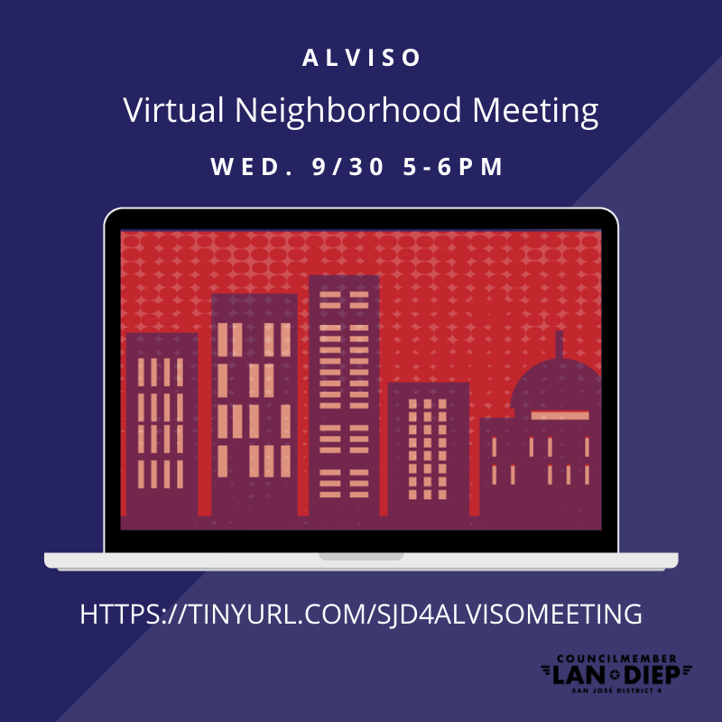 SanJoseD4's tweet photo. This Wed, 9/30 at 5p, I'll hold a virtual meeting for Alviso residents to give updates from the city and hear directly from you about whatever is on your mind. Please join us! Register at: https://t.co/8vSSzYO7VB. I look forward to connecting with you. #SJD4 #Alviso #SanJose https://t.co/qz8bEmsl4n