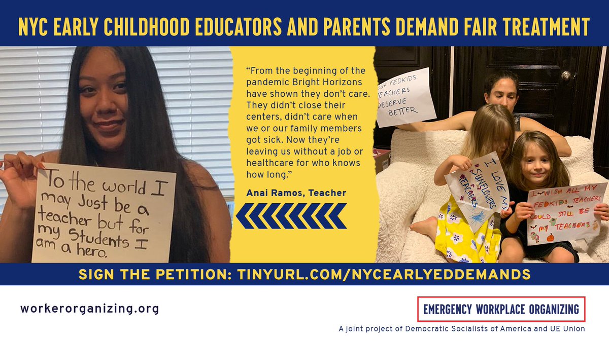 EarlyNyc's tweet photo. NYC educators employed at Bright Horizons are holding a press conference tomorrow @ 4:30ET @ 71 W. 23rd St. to demand the company acts in good faith &amp; ensures teachers can survive the next few months. Show up in solidarity! Sign &amp; share the petition here: https://t.co/S8ONeoCNY9 https://t.co/iMLuVTnrwt