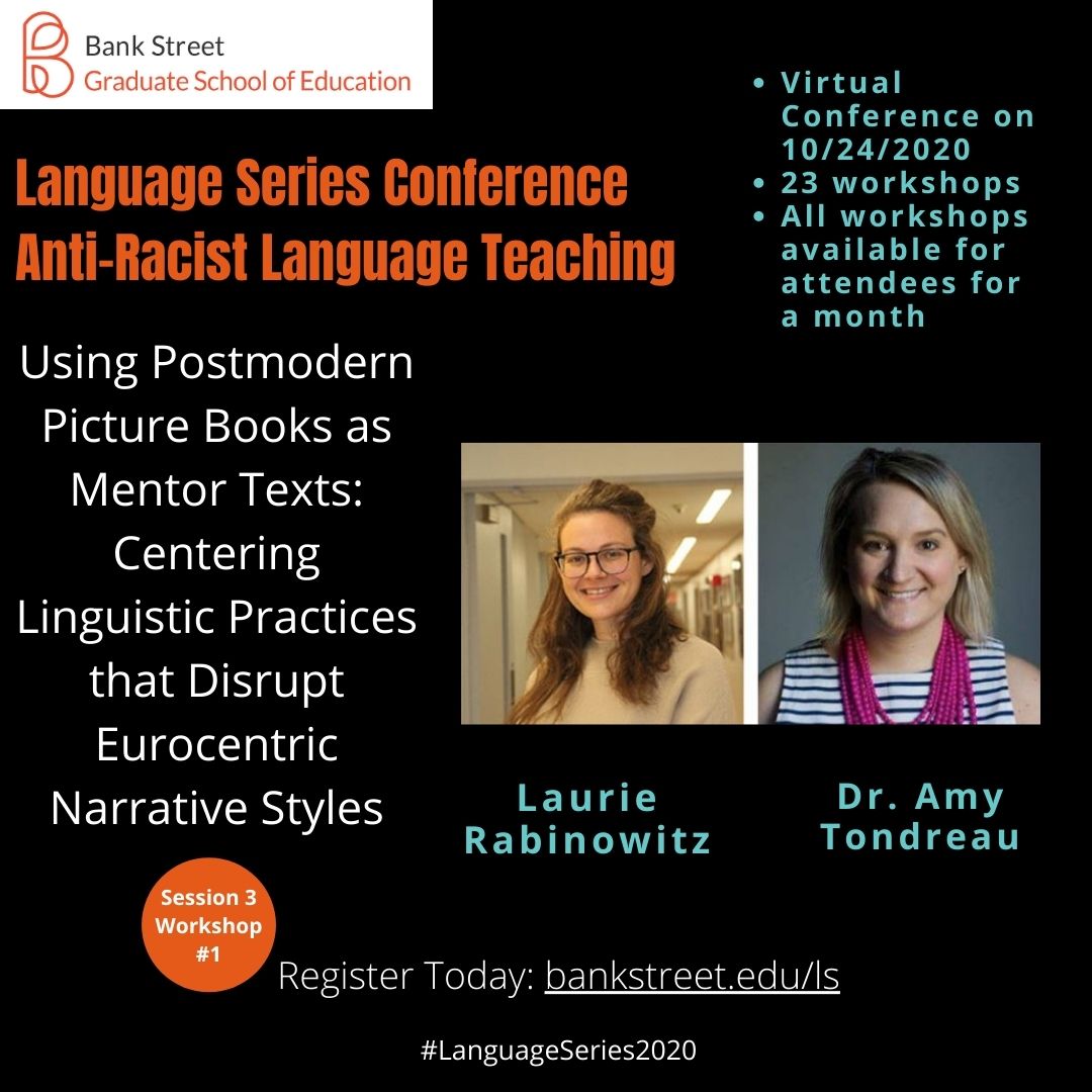 bankstreetedu's tweet image. A1: We create community through translanguaging spaces, getting to know the diasporic languages in the class, thoughtful curricula, and using picture books. These are some of the workshops from our 10/24 virtual #LanguageSeries #LanguageSeries2020 5/5 graduate.bankstreet.edu/educator-resou…