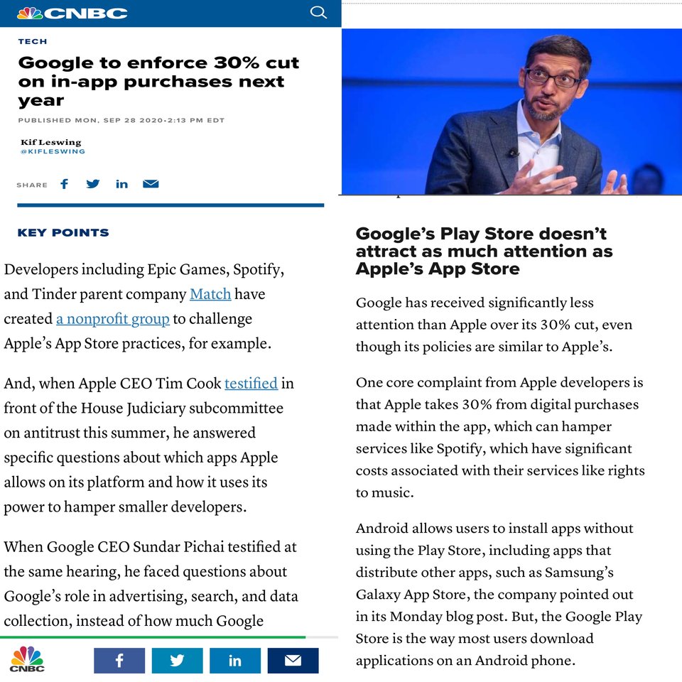 iRooah's tweet image. #Google said it will enforce rules that require #appdevelopers to distribute #Androidsoftware on the #GooglePlayStore to use it's in the #app payment system.
The move means developers have until Sept. 30, 2021, to use #Googlesbillingsystem.
#Rooah! #Tech #CNBC