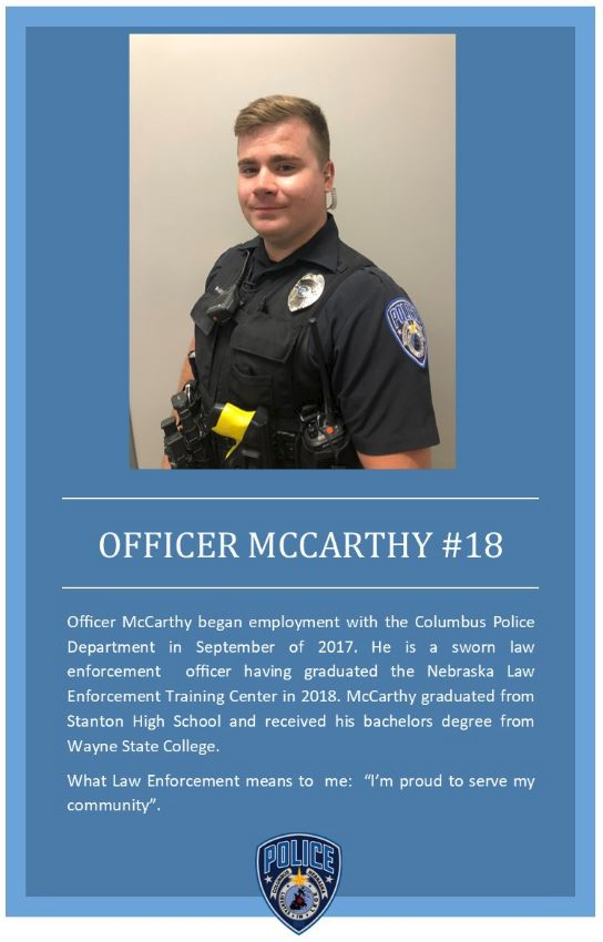 Columbus_NE_PD's tweet photo. Congratulations to Officer McCarthy! We appreciate your service! #cpd18 #cpd #communityproud https://t.co/IIYr3jyQB7