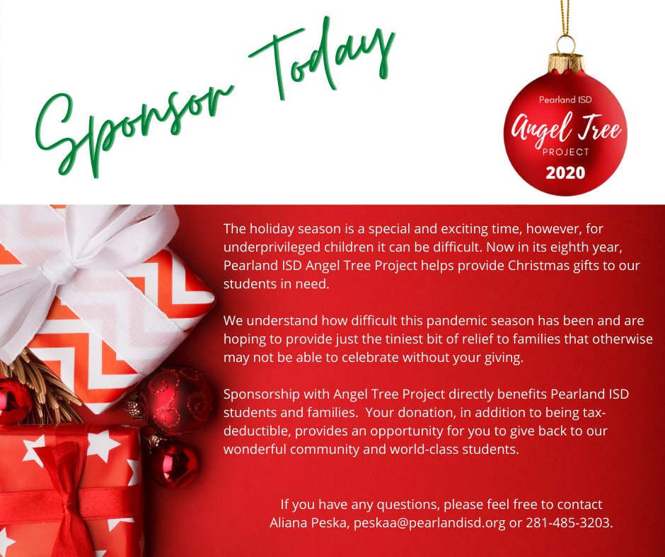 PearlandISD's tweet photo. Now in its eighth year, the Pearland ISD Angel Tree Project helps provide Christmas gifts to our students in need. If you are interested in sponsoring, please complete the form linked here: https://t.co/QxE7UVBaSy
Have questions? Please call 281-485-3203. https://t.co/KluUUcj6FX