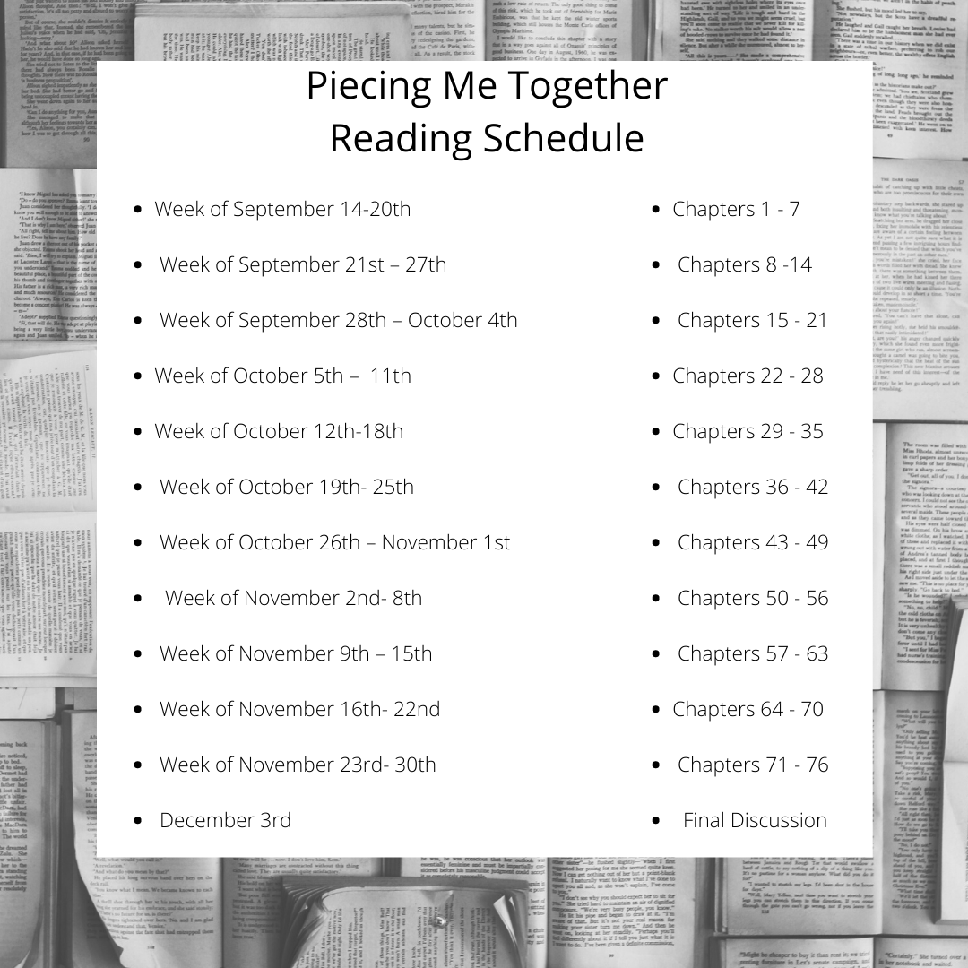 EssiesGirlsInc's tweet photo. Here is our suggested reading schedule for our #fallandwinter #bookselection 
Join and read with us 😊
#PiecingMeTogether 
#youngadultfiction 
#readalong https://t.co/pY5EOILvC3