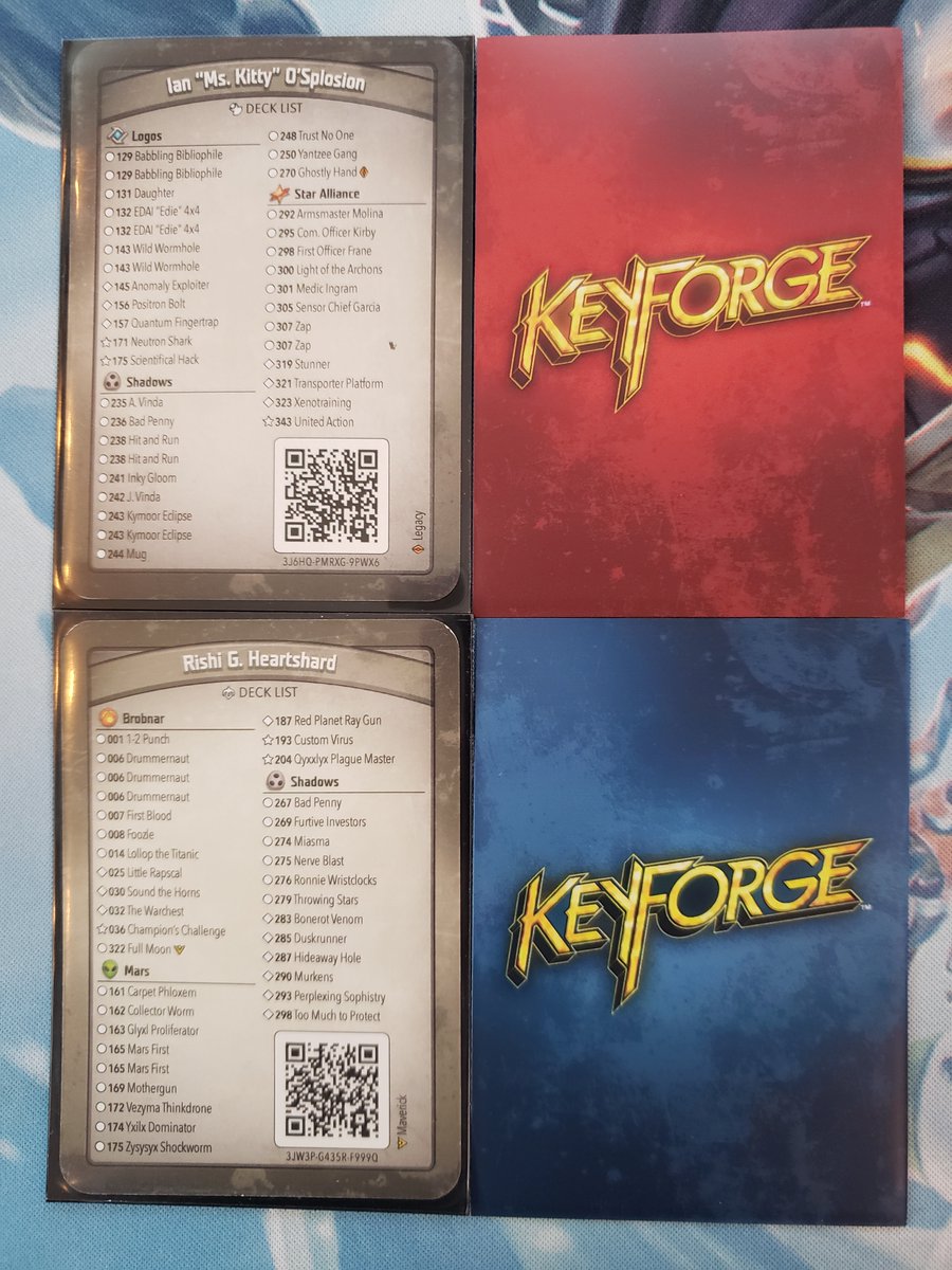 FFGOP's tweet photo. #OPPlays Keyforge
Players(Red) will be playing: Ian "Ms. Kitty" O'Splosion 
OP(Blue) will be playing: Rishi G. Heartshard

OP won the roll-off and selected to play Drummernaut https://t.co/rbIu891oXn