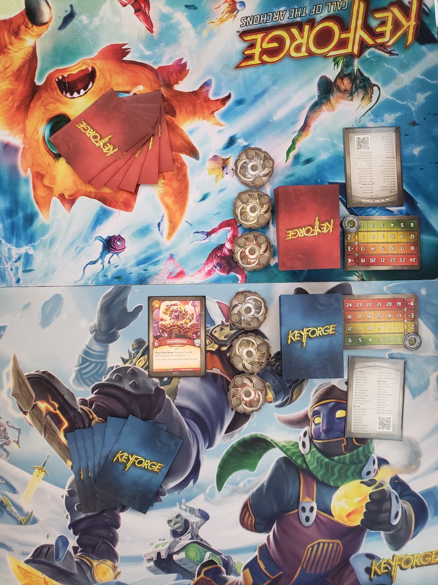 FFGOP's tweet photo. #OPPlays Keyforge
Players(Red) will be playing: Ian "Ms. Kitty" O'Splosion 
OP(Blue) will be playing: Rishi G. Heartshard

OP won the roll-off and selected to play Drummernaut https://t.co/rbIu891oXn