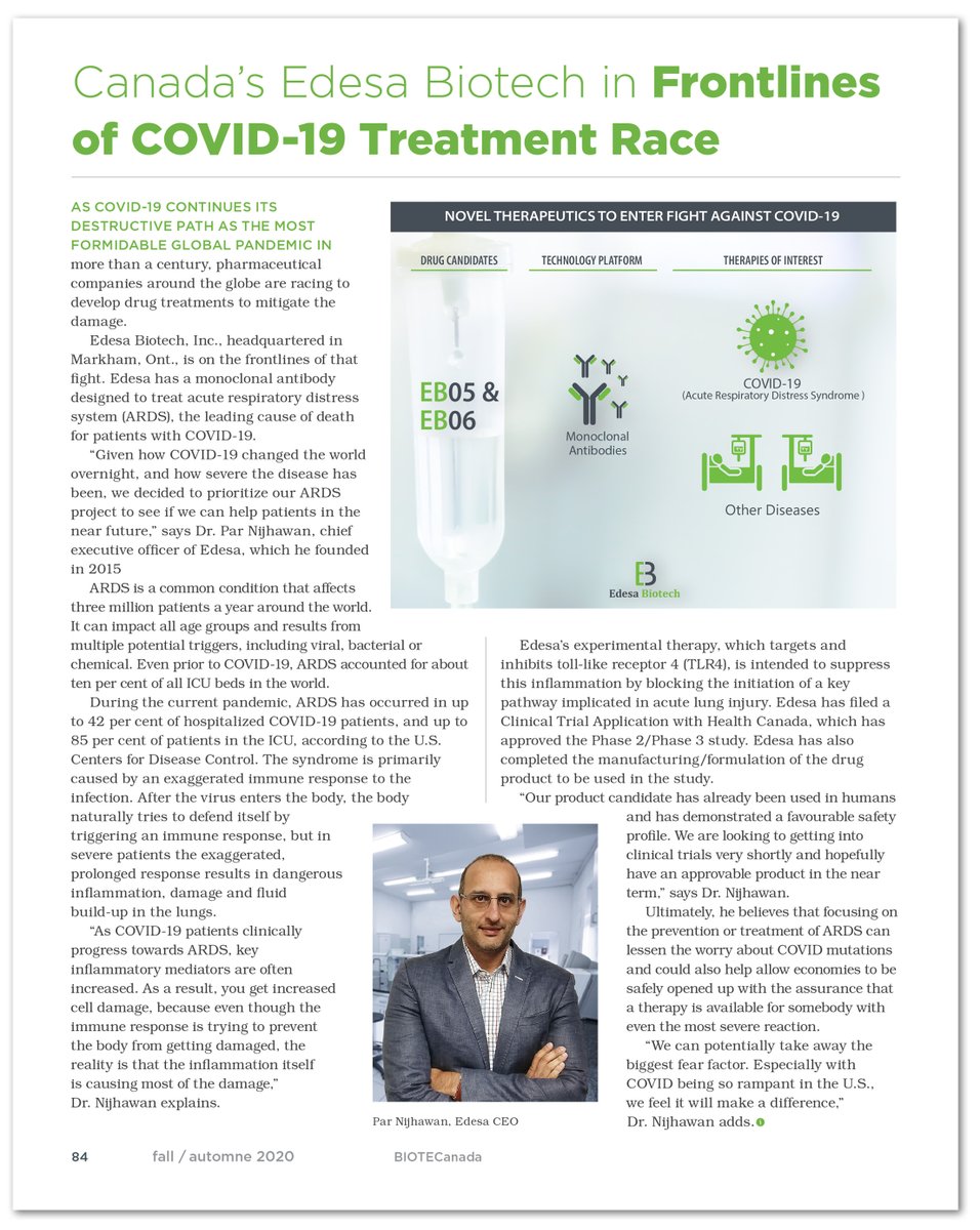 Nice feature in Insights magazine on Edesa’s experimental #Covid19 therapy targeting toll-like receptor 4 #TLR4.  #EDSA CEO: “We can potentially take away the biggest fear factor” issuu.com/biotecanada_in…