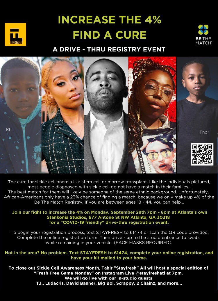 Today until 8pm we’re hosting a drive-thru registration event in partnership with <a href="/STAYFRESHATL/">STAYFRESHATL</a> to help those affected by blood diseases like Sickle Cell. 

The event is FREE so to attend TEXT Stayfresh to 61474

Fall through to help save a life 👽