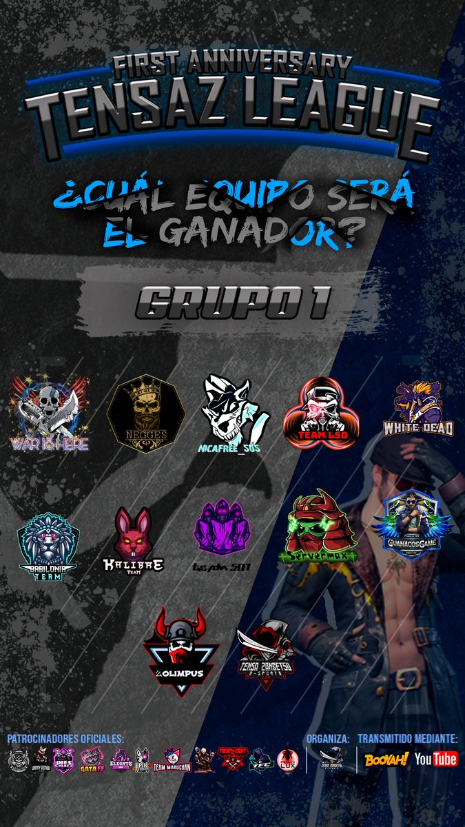 #FREEFIRE ¡ANIVERSARIO!

⚔️ GRUPO 1
1. WAR IS HERE
2. NICA FREE 505
3. TEAM 501
4. WHITE DEAD TEAM
5. CLAN NEGGE'S
6. TENSA RED
7. TEAM OLIMPUS
8. TEAM LSD
9. TEAM KALIBRE
10. SERVERMAX
11. GUANACOS GAME
12. BABILONIA TEAM

Youtube: m.youtube.com/c/TENSAZANGETS…

#ANIVERSARIOTENSAZ