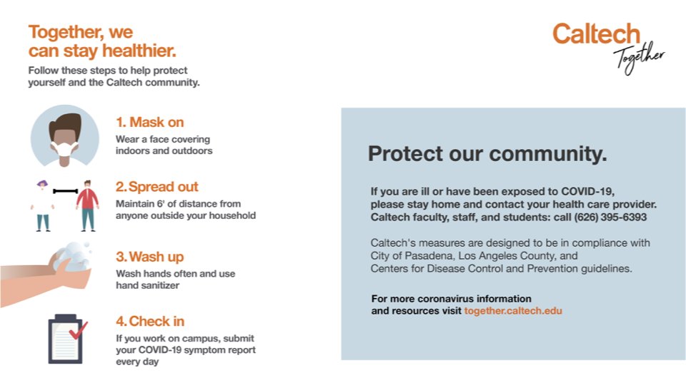 Caltech's tweet photo. Together, we can stay healthier.

Today, we are introducing #CaltechTogether, a campaign to reinforce #COVID19 public health guidelines and to highlight the widespread resources available to support the physical and mental wellness of the Caltech community during the pandemic. https://t.co/aKJuJatR0n