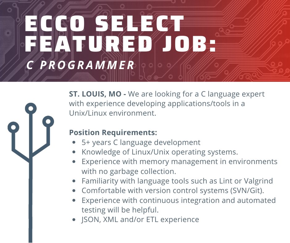 ECCOSelectCorp's tweet image. ECCO Select Featured Job: C Programmer
Apply here: eccoselect.com/wp-content/plu…
ST. LOUIS, MO - We are looking for a C language expert
with experience developing applications/tools in a Unix/Linux environment. #jobs #hiring #Cprogrammer
