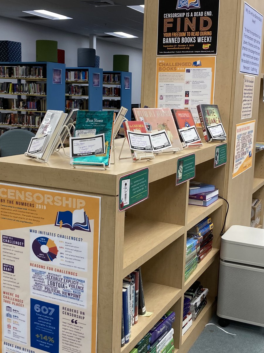 PelhamHighLMC's tweet photo. It’s #BannedBooksWeek and we’re celebrating our Freedom to Read! Central to Banned Books Week is our ability to read what we want to expand our minds and stimulate our intellectual curiosity. Stop by the library this week and consider what we lose when stories are silenced. https://t.co/LSHj6uAtyA