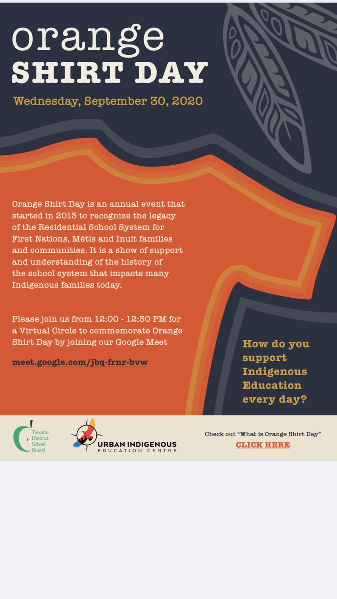 Hi JSB families! We hope you are all well. Wed. Sept 30 is Orange Shirt Day. We recognize the legacy of the Residential Schools System for First Nations, Métis and Inuit families and communities. Please wear an orange shirt to show your support.