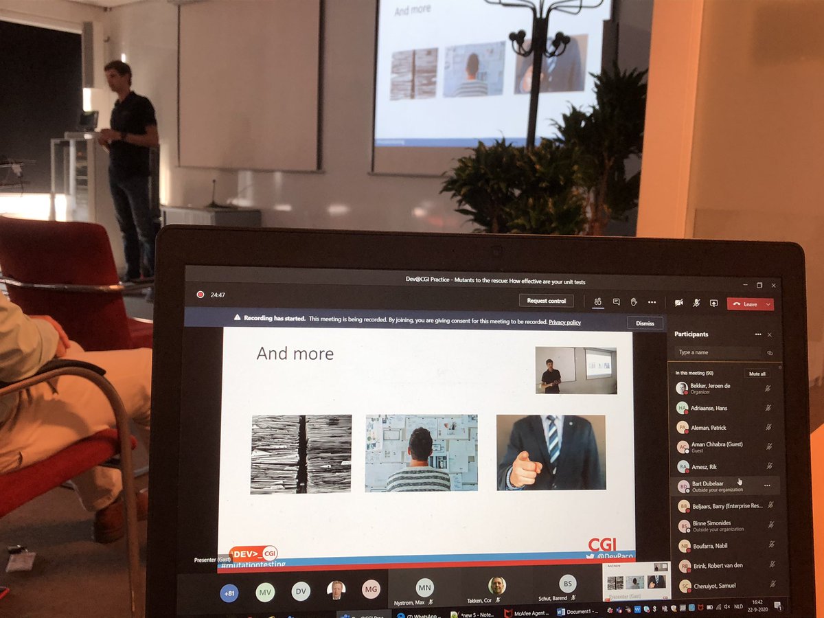 dev_at_CGI's tweet image. Past week @DevPaco took us on a journey in the world of Mutation Testing. The (live and virtual) audience learned how mutants can help to measure how well your tests perform in detecting bugs. And it involved a lot of killing :-). Thanks Paco!
