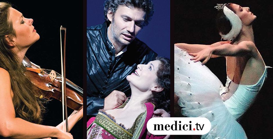 three images depicting performances by a violinist, two opera singers and a ballerina