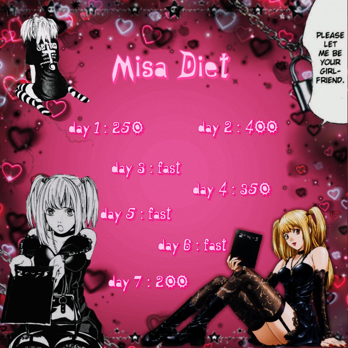 misa's diet :: misa obviously eats super balanced and healthy too but definitely goes on extreme diets from time to time so that's exactly what i based her diet on !