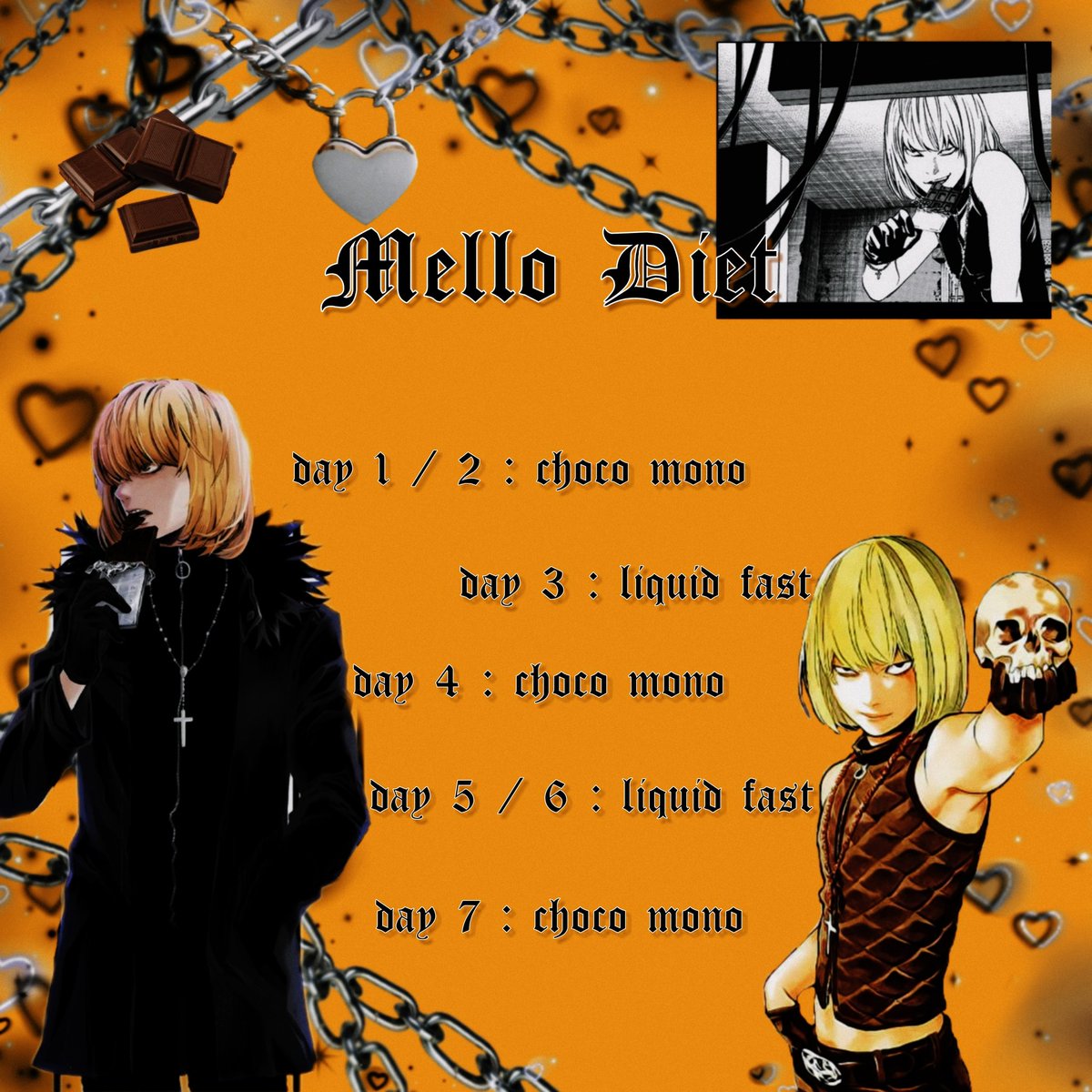 mello's diet :: he only eats chocolate but i had to add some variation lmfao. i guess the cals r up to u + for the sake of ease anything with choco or choco flavoured counts~