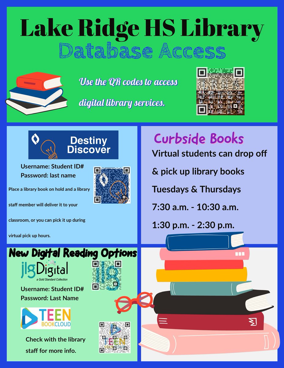 Hey 🦅 Eagles,
Tomorrow is curbside book drop off. Bring your overdue library books to the exterior library doors. Use the QR codes to access digital books, reserve print books and research with our databases.