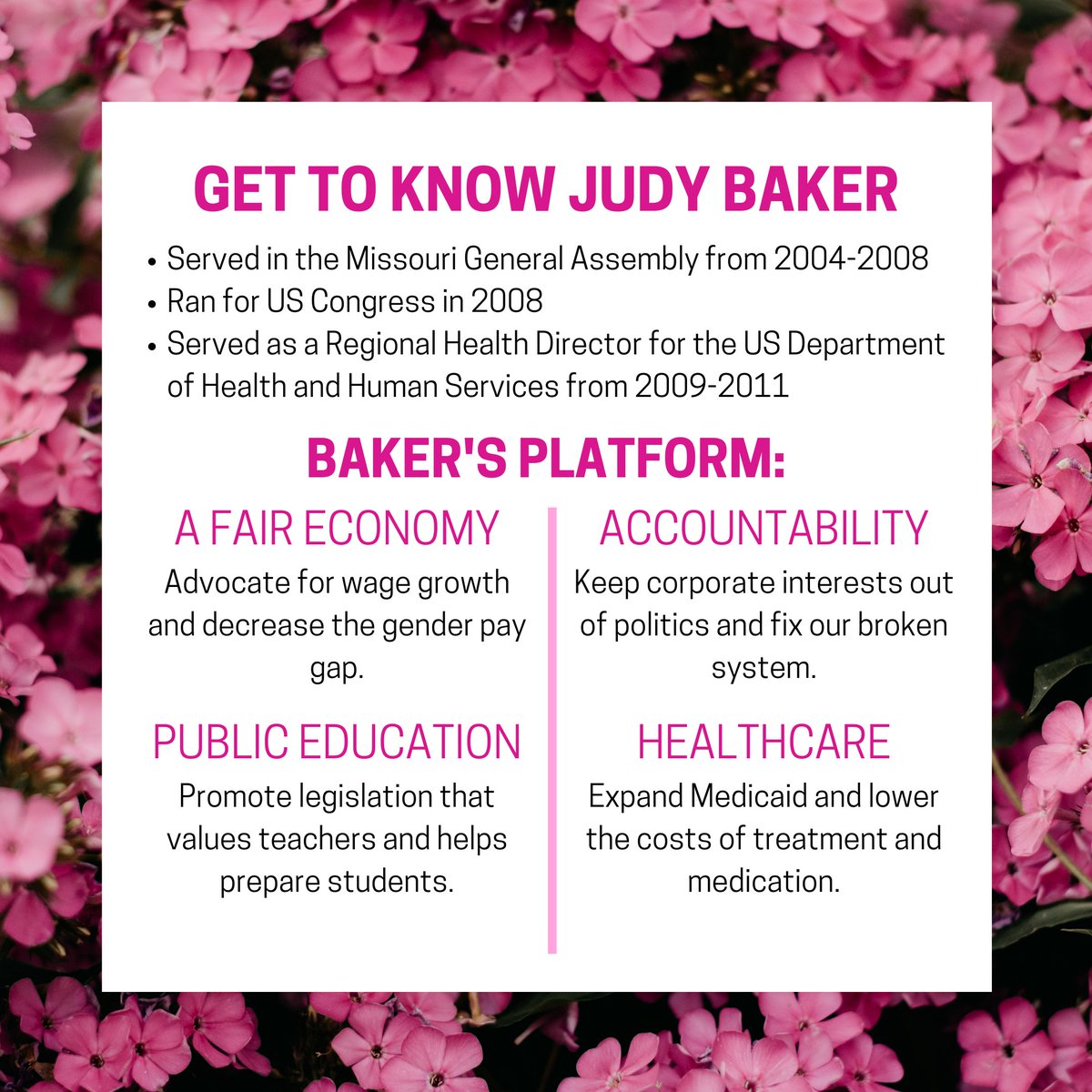We are SO EXCITED to announce that our next meeting will be with Judy Baker! 🤩 Baker is running against Caleb Rowden for MO State Senate in District 19, Boone County’s district!