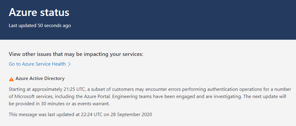 CloudCompanyApp's tweet photo. Azure AD down... authentication issues.
#Azure #Microsoft #Office365 https://t.co/kuL8KKhr2s