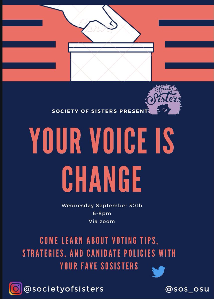 SOS_OSU's tweet image. Join us this Wednesday for great conversation about voting and the presidential candidates. Times are really rough right now and it is up to us to be the change we want to see. Our voices matter and we will continue to prove that everyday. 
OKKUURRRTTTTT 💜💚