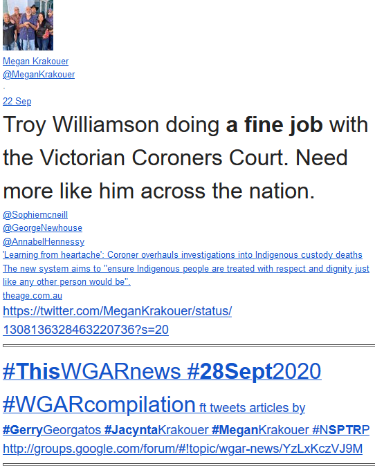 WgarNews's tweet photo. WGAR #28Sept2020 #WGARcompilation https://t.co/mxRyhQ8p9v ft tweets articles by #GerryGeorgatos #JacyntaKrakouer #MeganKrakouer #NSPTRP + #AnnabelHennessy | #JM_Field #29Sept #BioSci_UniMelb https://t.co/YbHcpqB70Q | #LesterRigney #AARE #30Sept | #ABCIndigenous #IndependentAus https://t.co/OKsb2Oghbr