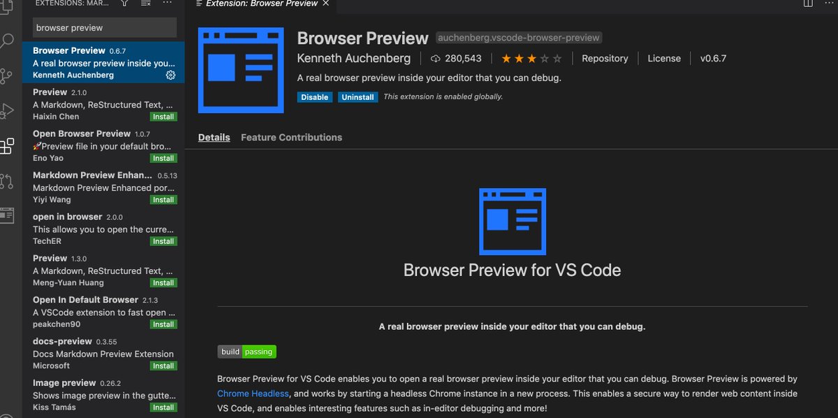 Next, install "Browser Preview". This will provide a real-time preview of your website as you edit it.