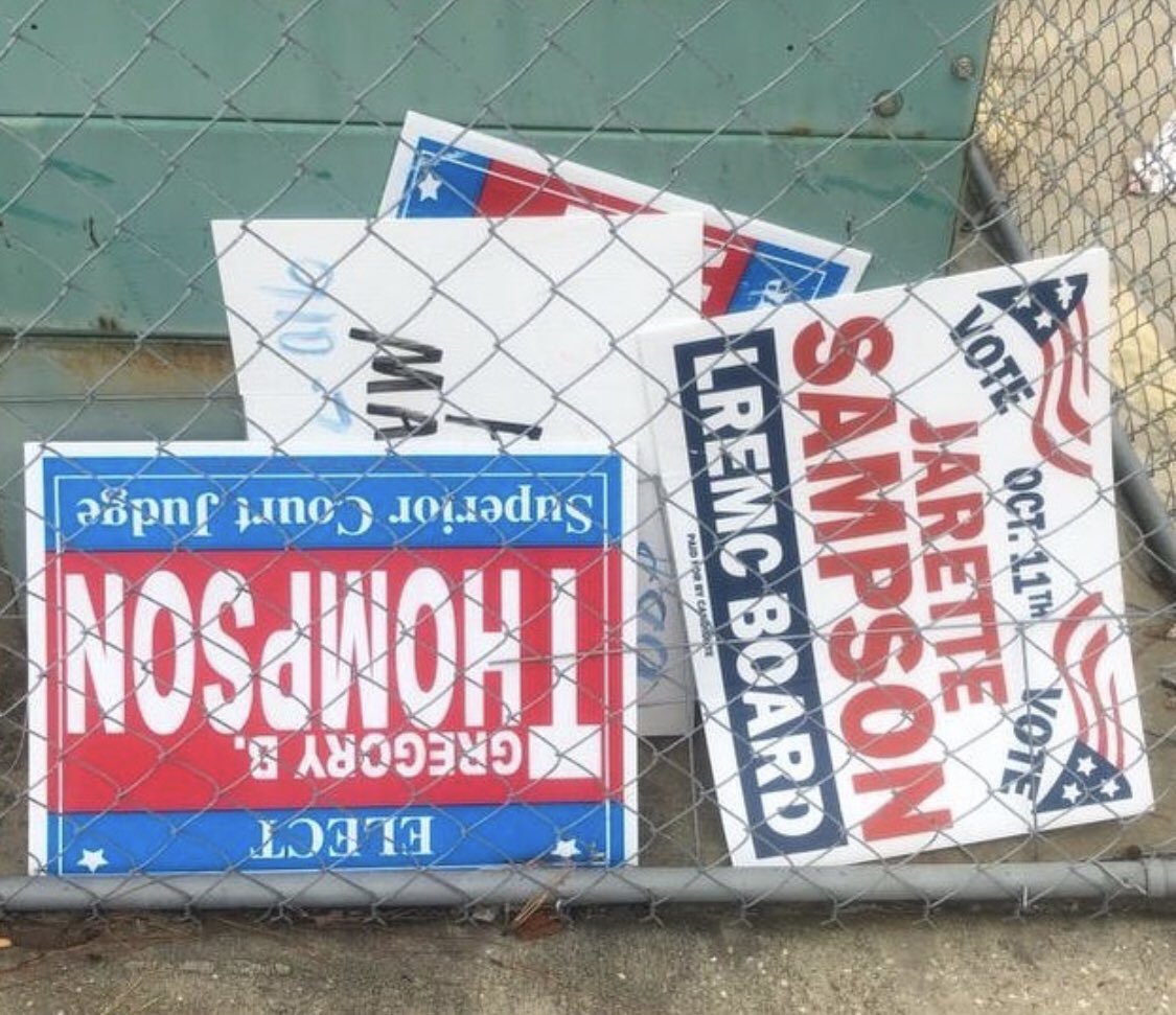 SignsNc's tweet image. Various signs in Raeford, NC. Jarette Sampson lost re-election to the Lumbee River Electrical Membership Corporation (LREMC) in 2018. #ncpol