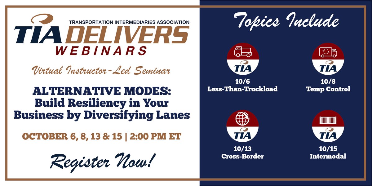 tianetdotorg's tweet photo. Register now for @3PLAssociation's Virtual Instructor-Led Training exploring the importance of a diversified lane portfolio and how #AlternativeModes that can help your business prepare for the next market disruption https://t.co/qG5dNRvA8o

#TIADelivers #Logistics https://t.co/91dIn4pAmi