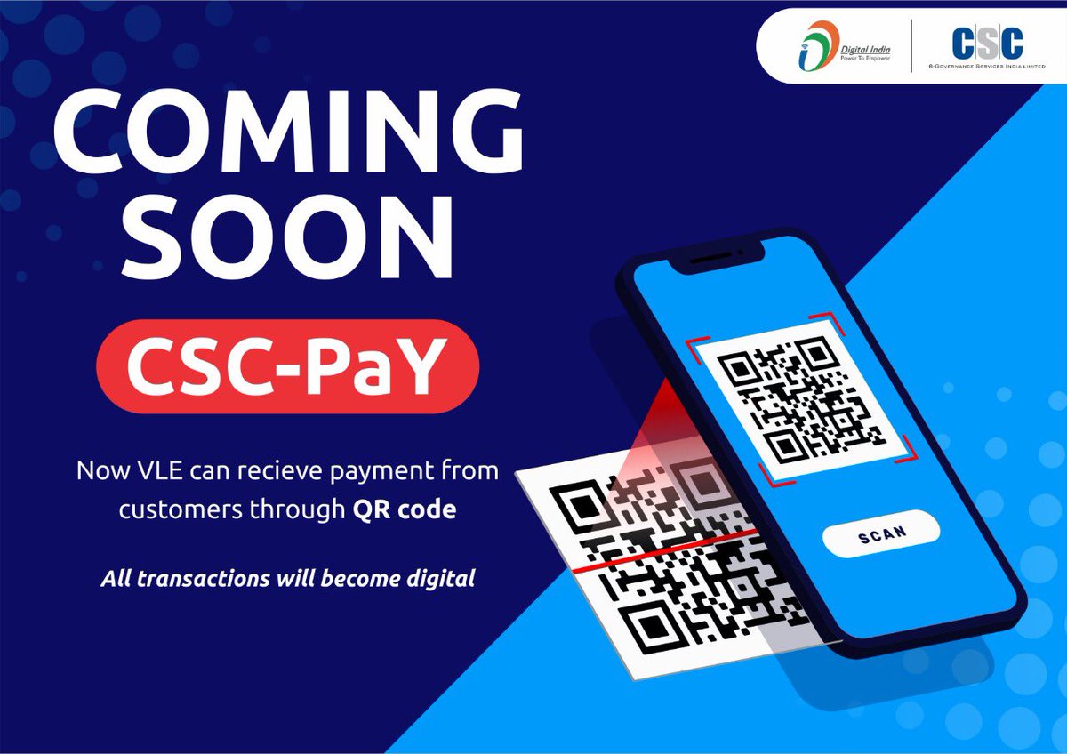 dmjagdeep's tweet image. Good News for VLEs !!!

Now CSC VLEs will receive all payment digitally from Customer&apos;s using CSC- PaY QR Code.
#CSCegov #cscrewari csc #cscvlerewari @ashi_apple