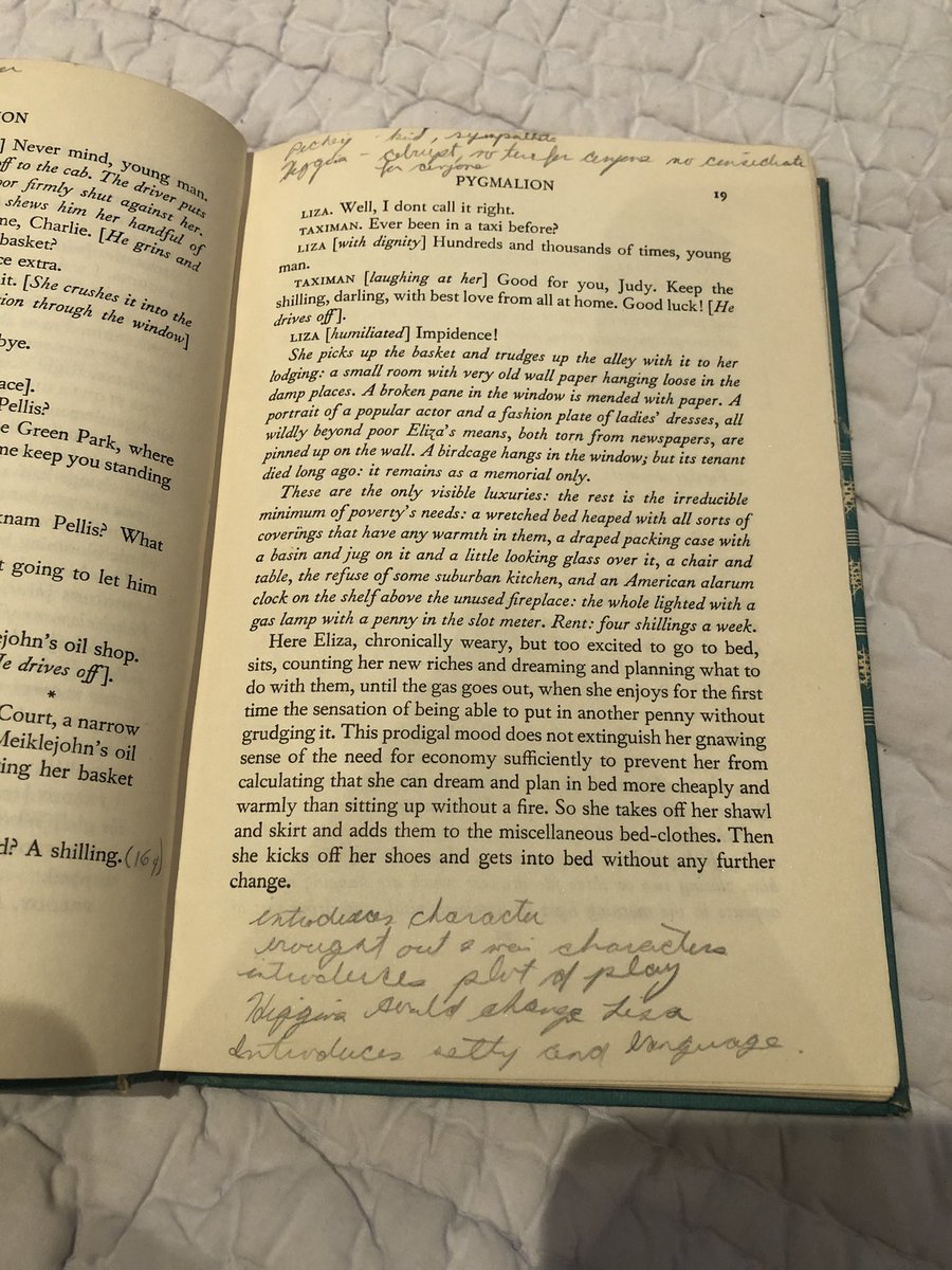 A 1958 copy of Pygmalion, complete with notes from the previous owner. Purchased at a used bookstore.