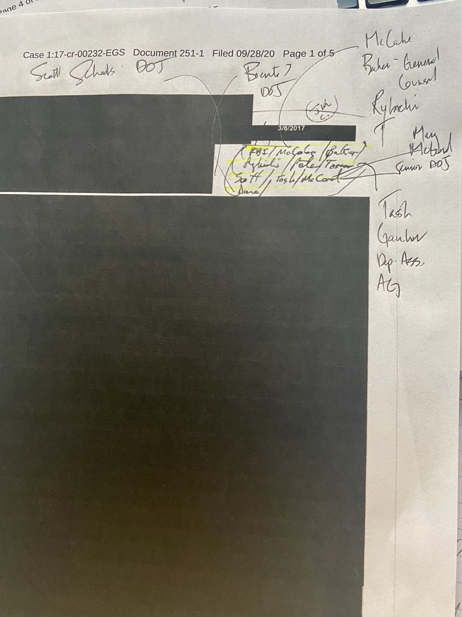  #FLYNN NEW: In advance of Tuesday hearing,  @SidneyPowell1 files brief with handwritten notes withheld from defense. Judge Sullivan has the authority to "unseal" which would reveal redacted sections but has not immediately done so. Page 1: Documents high level meeting about