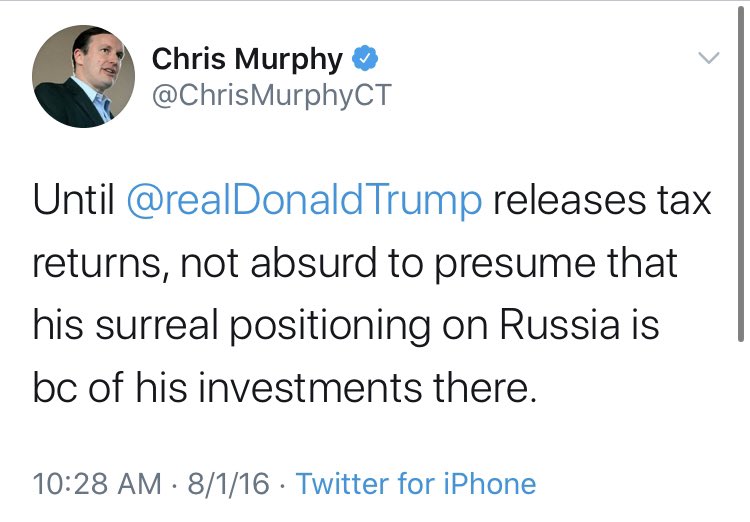 Or perhaps we’ll hear something new from  @ChrisMurphyCT, who pushed this line more than perhaps any elected official? I’m sure that  @maddow,  @allinwithchris or anyone else at  @MSNBC would always be happy to have him back on, Senator.