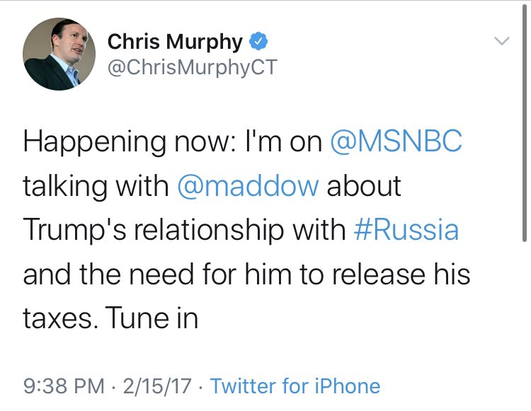 Or perhaps we’ll hear something new from  @ChrisMurphyCT, who pushed this line more than perhaps any elected official? I’m sure that  @maddow,  @allinwithchris or anyone else at  @MSNBC would always be happy to have him back on, Senator.