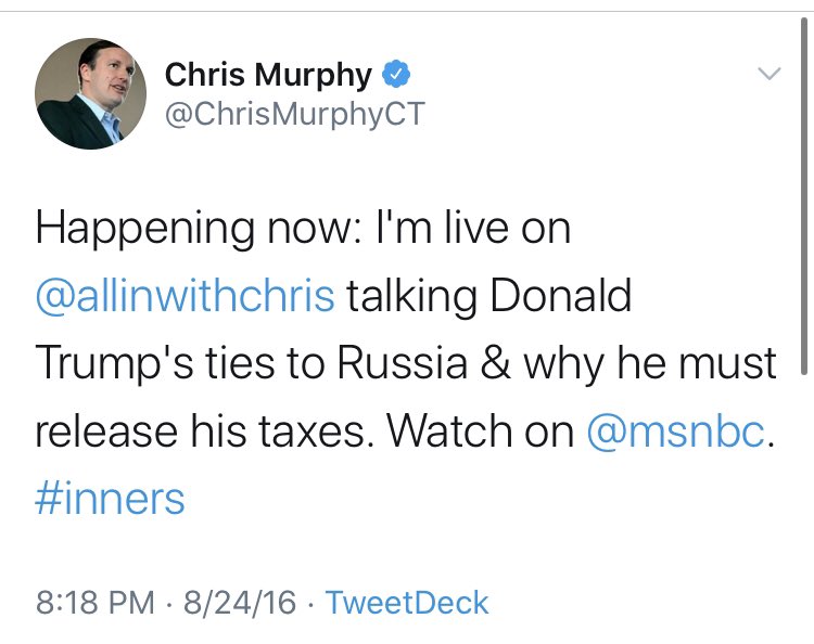 Or perhaps we’ll hear something new from  @ChrisMurphyCT, who pushed this line more than perhaps any elected official? I’m sure that  @maddow,  @allinwithchris or anyone else at  @MSNBC would always be happy to have him back on, Senator.