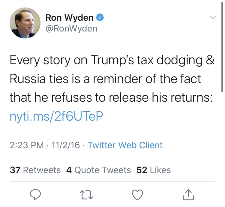 Or maybe  @RonWyden would like to follow up on his letter request, now that we know the dastardly contents of Trump’s taxes?