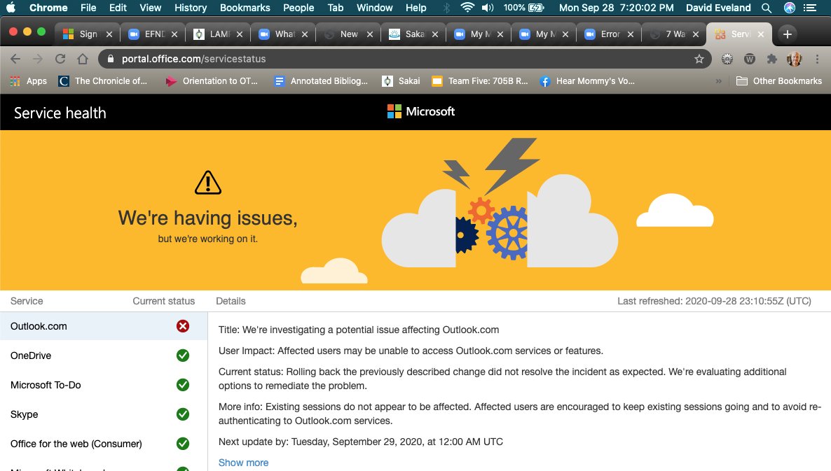 askdaveeveland's tweet photo. Looks like https://t.co/2z5N1tNd4U - including email O365 services are down for the moment. At least as of 7pm EDT. Contact Johnson 24x7 Help for Support. #support #email #microsoft #o365 https://t.co/Nwt5L8yznu