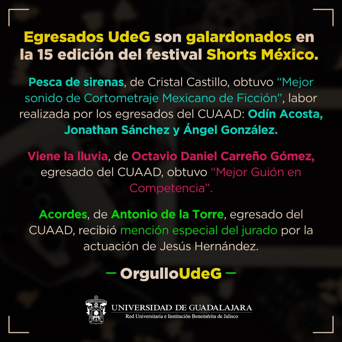 👏 Felicitamos a las y los egresados del <a href="/CUAAD_UdeG/">CUAAD_UdeG</a>, premiados durante la #15edición de Shorts México 📽️

¡Su trabajo y talento son un orgullo para nuestra universidad! 🏦 #OrgulloUdeG 🏅
