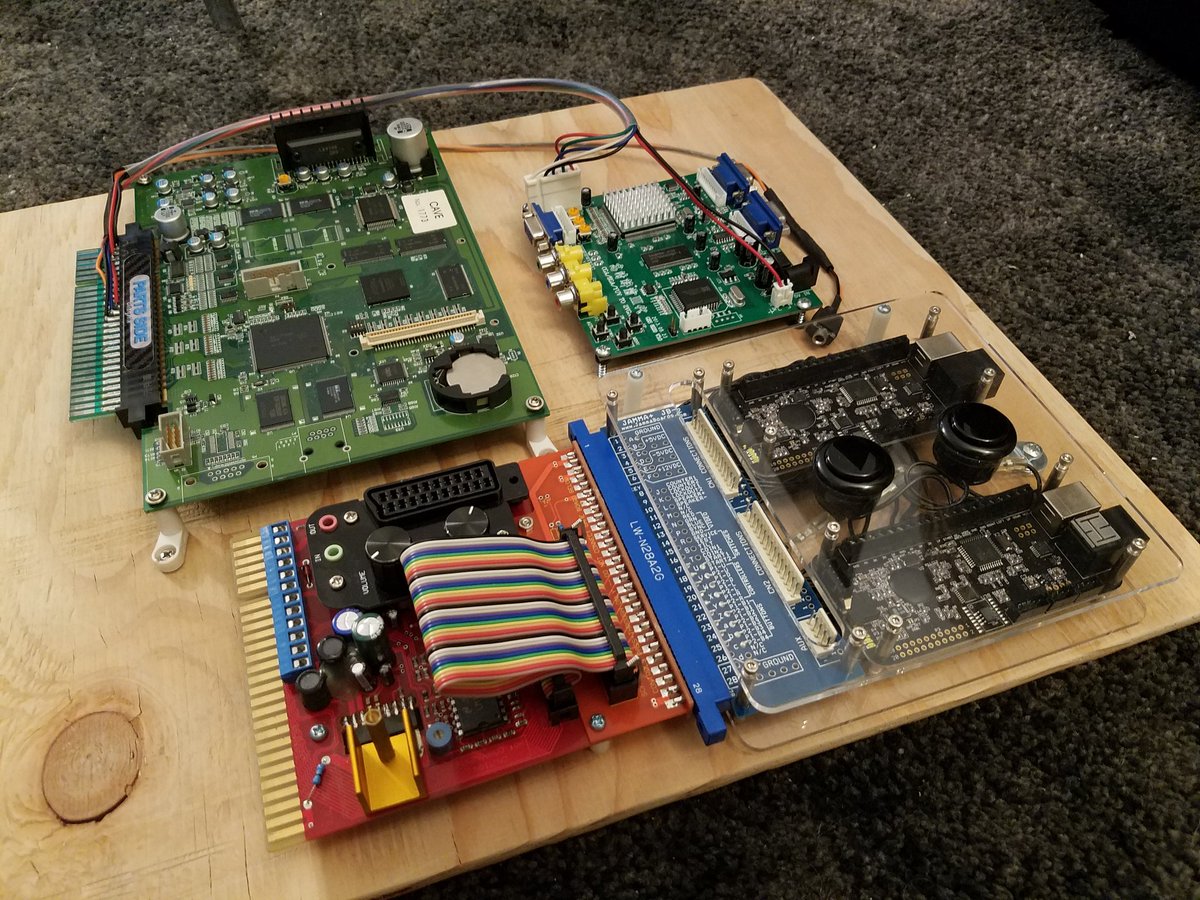For those who haven't seen it before, here's my mount board setup.- Ibara PCB- Gonbes GBS-8220 scaler- Passive JAMMA AV splitter- Viletim SCART to JAMMA- Homemade PS360+ based two-player console adapter boardHoping to upgrade to GBS-Control soon...